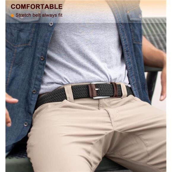 Belt for Men 2Pack,Mens Stretch Braided Web Belt Elastic for Casual Golf Jeans - Picture 3 of 7